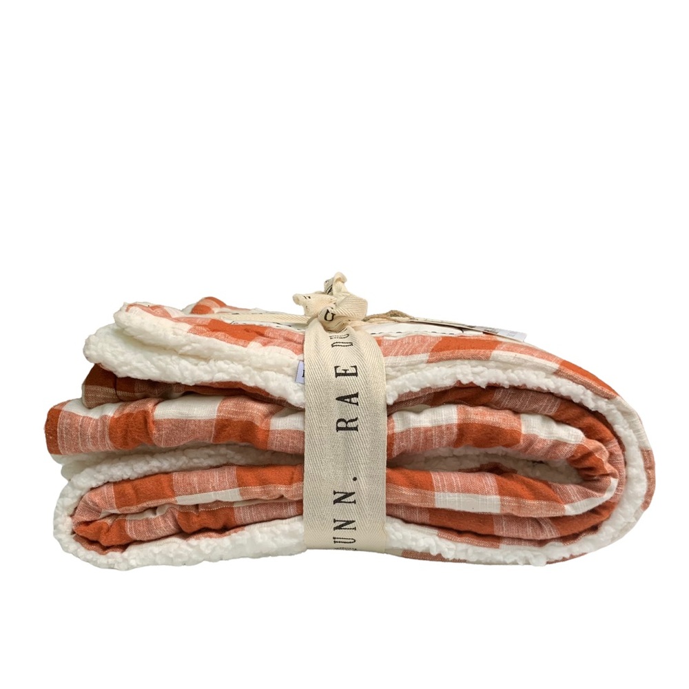 Rae Dunn blessed Buffalo Check Sherpa Throw Blanket Orange Cream White Plaid NWT - Picture 3 of 15
